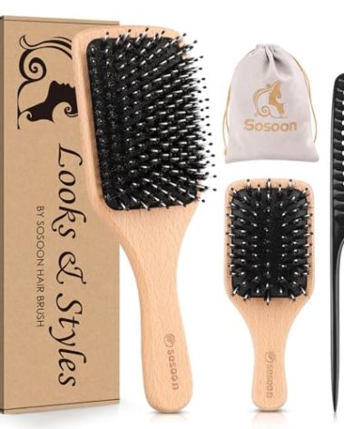 Hair Brush, 2 Pack Boar Bristle Paddle Hairbrush for Women Men Kids Reducing Frizzy, No More Tangle, Small Travel Brush Tail Comb & Giftbox Included