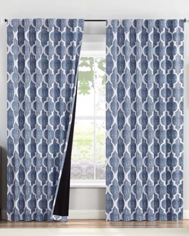 Beauoop 100% Blackout Curtains 84 Inches Long 2 Panels for Bedroom Living Room Blue Moroccan Geo Room Darkening Thermal Insulated Soundproof Rod Pocket Back Tab Window Treatments Drapes, 50x84