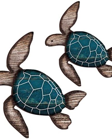 Roowest 2 Sizes Wooden Sea Turtle Wall Decor Farmhouse Ocean Turtle wall art Beach Theme Vintage Coastal Hanging Decoration for Home Lake House Bathroom(Blue)