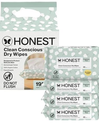 The Honest Company 100% Pure Organic Cotton Dry Wipes, Hypoallergenic, Multi-Use, Baby Facial Cloths, 192 Count