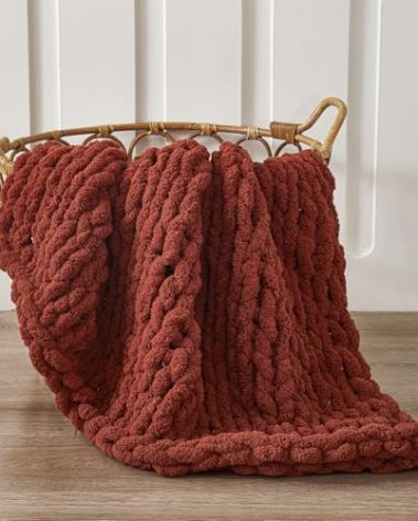 WESHIONGOO Chunky Knit Blanket Throw　40"*40“ Knitted Throw Blankets for Couch Bed Fluffy Soft Blanket with Jumbo Chenille Yarn Thick 100% Handmade(Ｒｕｓｔ)