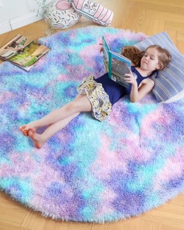 Amdrebio Purple Rainbow Round Rug 5Ft for Bedroom Girls Room Decor, Mermaid Stitch Frozen Kids Rugs for Playroom Nursery Dorm, Fluffy Fuzzy Cute Shag Carpet, Kawaii Circle Area Rugs for Baby Toddler