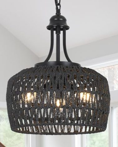 HMVPL Black Rattan Chandelier for Dining Room, 3-Light Boho Light Fixture with Woven Lampshade, Wicker Pendant Light Ceiling Hanging, Farmhouse Kitchen Chandelier for Bedroom Living Room Entryway