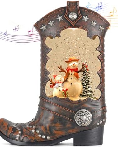 ARMXY Christmas Snow Globes, Cowboy Boots Snwoman Scene Snow Globes, Glittering Lantern with Timer, Snow Globe Lantern USB or Battery Powered for Desktop Ornament, Christmas Decoration and Gifts