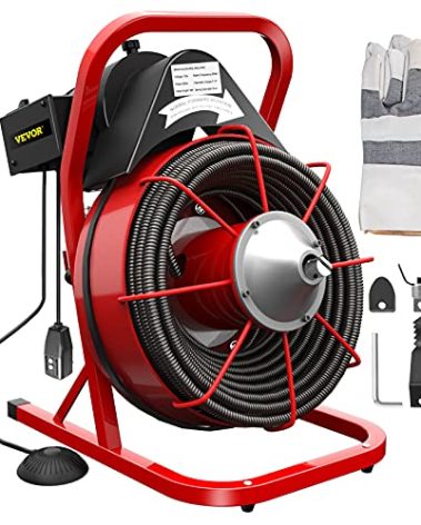 VEVOR Drain Cleaner Machine, 75 Ft x 3/8 Inch, Drain Cleaning Machine Fits 1 to 4 Inch Pipes, Portable Drain Auger Cleaner with 4 Auger Bits, Electric Drain Auger Plumbing Tool