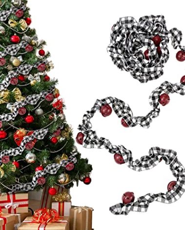 XunYee 9 ft Buffalo Plaid Christmas Tree Garland Rustice Burlap Garland with Bells Farmhouse for Vintage Christmas Tree Decorations Xmas Ribbon Decor(White Black with Red Bell)