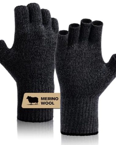 SONORAN Merino Wool Fingerless Gloves for Men & Women, Half Finger Gloves Base Layer Warm with Thermal Soft Knit Liner Glove for Hunting Fishing Hiking L (Black Gray)