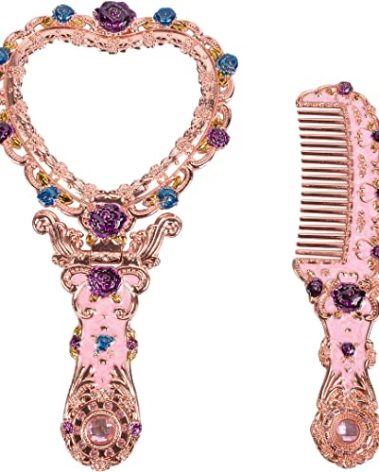 Nerien Vintage Metal Heart Shape Embossed Rose Hand Mirror with Comb - Antique-Style Russian Style Travel Portable Foldable Makeup Mirror - Pink