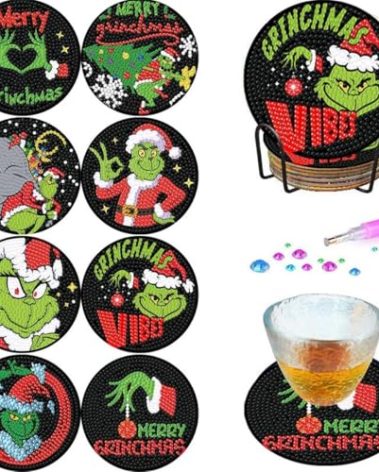 Ammklfh 8 PCS Diamond Art Christmas Coasters,5D DIY Christmas Diamond Painting Coasters Kit for Adults with Holder,Round Full Drill Coaster Sets for Home Decor