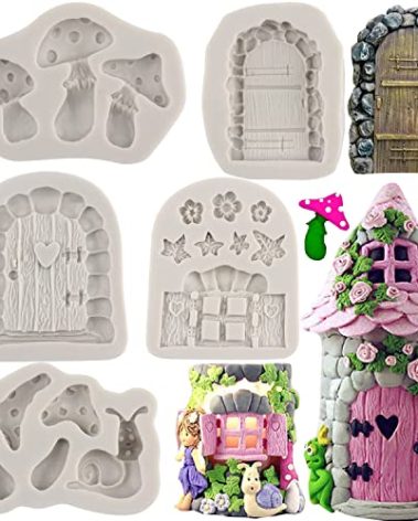 Sijiangmold Enchanted Vintage Fairy Garden Fairy Gnome Home Door Silicone Molds Mushroom Snail Fondant Mold For Cake Decoration Cupcake Topper Candy Chocolate Polymer Clay Gum Paste Set Of 5