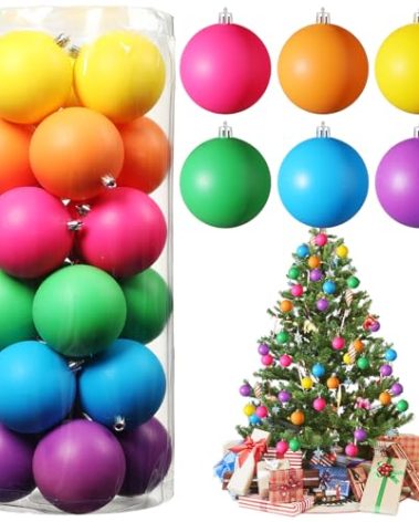 Simgoing Christmas Ball Ornaments Neon Color Christmas Tree Decorations Xmas Tree Decor Colored Shatterproof Baubles Plastic Holiday Hanging Balls for Xmas Party(24 Pcs,1.18 Inch)