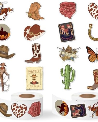 CNhoqc Western Cowboy Sticker Rolls - 1000pcs Cowboy Hat Boots Cactus Waterproof Vinyl Reusable Laptop Stickers Coloring Book Scrapbook Water Bottle Page Activity Pad Birthday Party Favors Skateboard