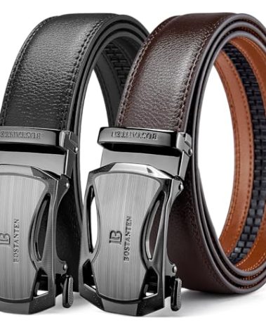BOSTANTEN Mens Belt Leather 2 Pack Ratchet Belt For Men Dress and Casual with Adjustable Buckle, Trim to Fit
