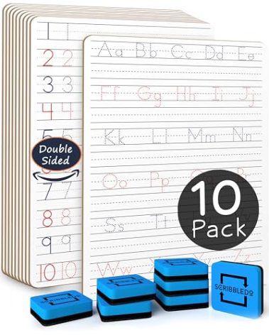 Scribbledo 10 Pack Dry Erase Handwriting Practice for Kids 9 x 12 Inch Letter Alphabet Tracing Board Whiteboard for Kids Ages 3-5 Write and Wipe Alphabet Practice Cards Letters & Erasers