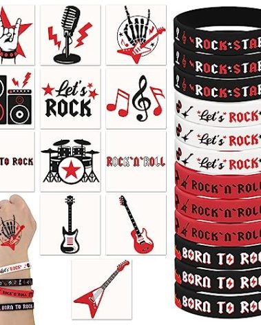 Sinasasspel 36PCS Rock And Roll Stickers Silicone Bracelet Party Favors Born to Rock Decorations Supplies Temporary Stickers For Face Arm Hand Let’s Rock Rubber Wristband 60s 80s Retro Rock Band