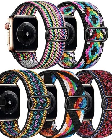 Easuny 5 Pack Stretchy Bands Compatible with Apple Watch 38mm 40mm 41mm 42mm 44mm 45mm 46mm Women, Elastic Fabric Nylon Strap Wristband for iWatch SE 3 2 1 Series 11 10 9 8 7 6 5 4 3 Boho Solo Loop