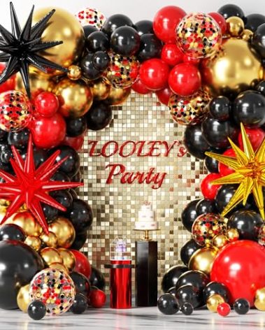 LOOLEY 137Pcs Red Black Gold Balloons Garland Arch Kit with Stars - 5 10 12 18 inch Red Black Gold Confetti Latex Balloons for Graduation Hollywood Casino Theme Party Decorations