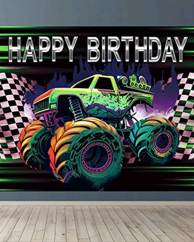LDWLYW 7x5ft Truck Birthday Party Backdrop Banner Race Car Flag Theme Photography Background Green Truck Happy Birthday Decorations Supplies Fabric Party Decor for Boys Kids