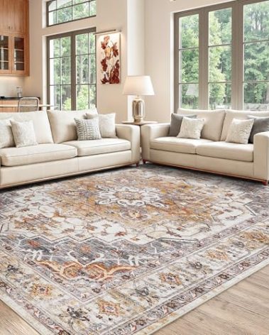befbee Washable Area Rug 8x10, Large Soft Rugs for Living Room Stain Resistant Non-Slip Backing Rugs for Bedroom, Vintage Clearance Large Area Rug (Turmeric/Grey,8'x10')
