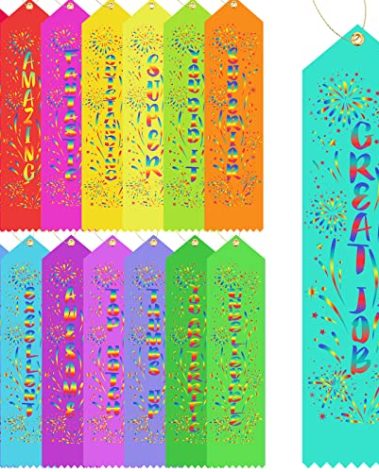 Chinco Award Ribbons Bulk Participant Ribbons for Prizes Fun Award Honorable Mention Set with Event Card and Rope for Kids Competition Sports Event School Contest(150 Pieces,Stylish)