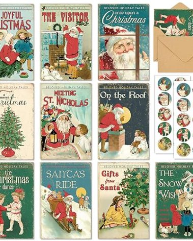AnyDesign 40 Pack Vintage Christmas Cards Santa Christmas Tree Snowman Greeting Cards with Stickers Envelopes Retro Xmas Blank Note Cards for Christmas Winter Holiday Party Supplies, 4 x 6 Inch