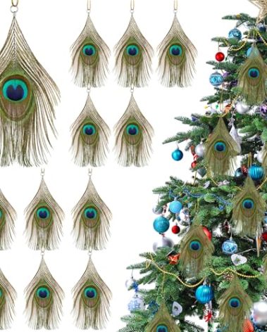 Syhood 12 Pcs Christmas Peacock Feather Ornaments Wedding Natural Peacock Bird Ornaments for Christmas Tree Teal for Home Xmas Day Party Decor(Classic Style)