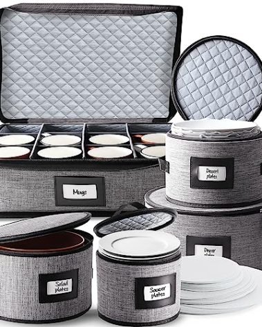 Fine China Storage Containers, 5 Piece Quilted Dish Storage Containers, Mug, Cup, and Plate Dish Organizer with Felt Dividers, Service of 12 Dinnerware Boxes for Moving, Seasonal Organization, Grey