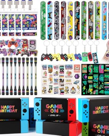 Vanblue 122pcs Video Game Party Favors Gamer Birthday Supplies,Game Theme Gifts Boxes Party Birthday Decorations VIP Pass Tickets Keychain Temporary Tattoo Stickers Goody Bag Stuffer for Boys Kids