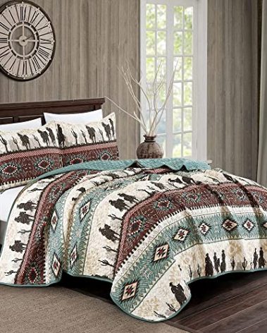JABA/WPM Western Teal/Beige/Burgundy Cowboy Desert Southwestern Print King Size Bedspread 3 Piece west Theme Cabin Lodge Ranch Design Coverlet Quilt Set-Kadence 22366 (King)