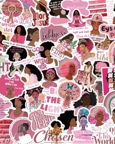 50PCS Black Girl Christian Sticker Pink Bible Decal Jesus Sticker Bible Verse Stickers Christian Stickers for Women Scripture Sticker Faith