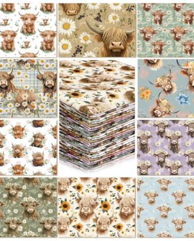 Hahafelt 10 Pcs Highland Cow Quilting Fabric 18 x 22 Inch Square Bundle Highland Cow Precuts Quilted Fabric Multi Color Printed Patchwork Supplies for Summer DIY Sewing Crafts